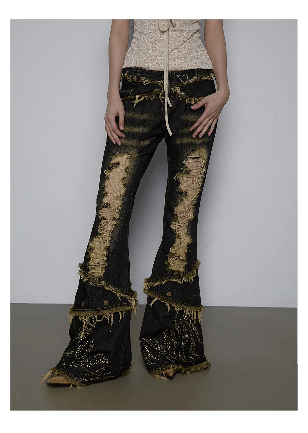 BXOXO Y2k Distressed Flared Jeans Japanese 2000s Style Black Jeans Vintage Gothic Punk High Waist Denim Pant Grunge Aesthetics