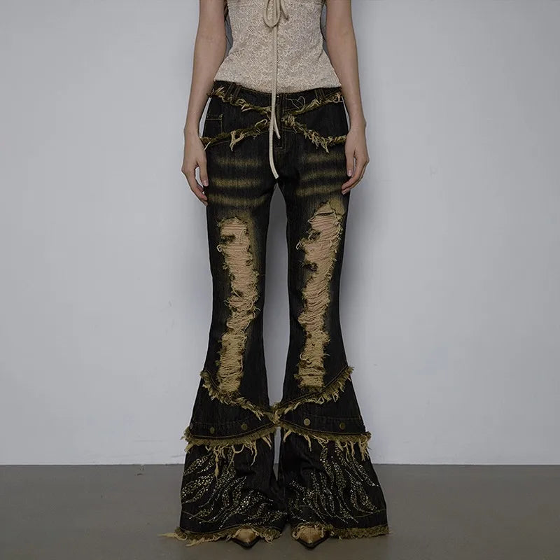 BXOXO Y2k Distressed Flared Jeans Japanese 2000s Style Black Jeans Vintage Gothic Punk High Waist Denim Pant Grunge Aesthetics