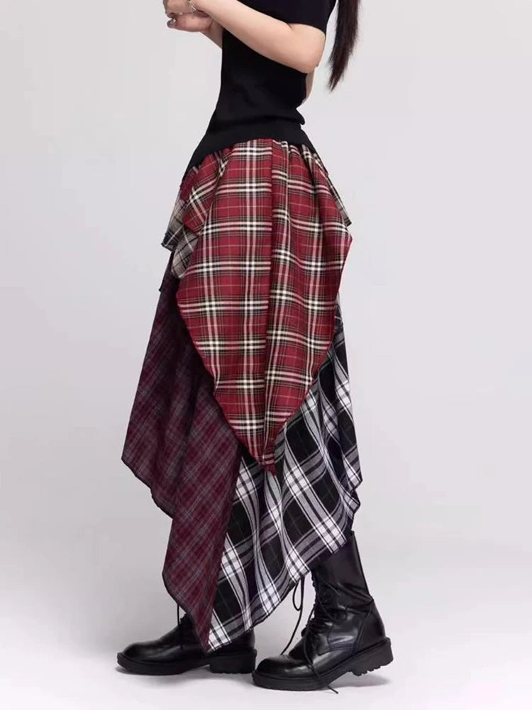 Bxoxo Irregular Y2K Plaid Skirt Women High Waist Vintage Streetwear Gothic Long Skirts American Retro Harajuku Lady Summer Skirts