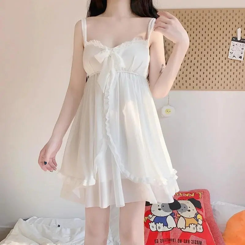 Bxoxo Elegant Sweet Simple Solid White Women Robe Gown Sets Chic Lace Bow Mesh  Sleepwear Breathable Slim Nightdress
