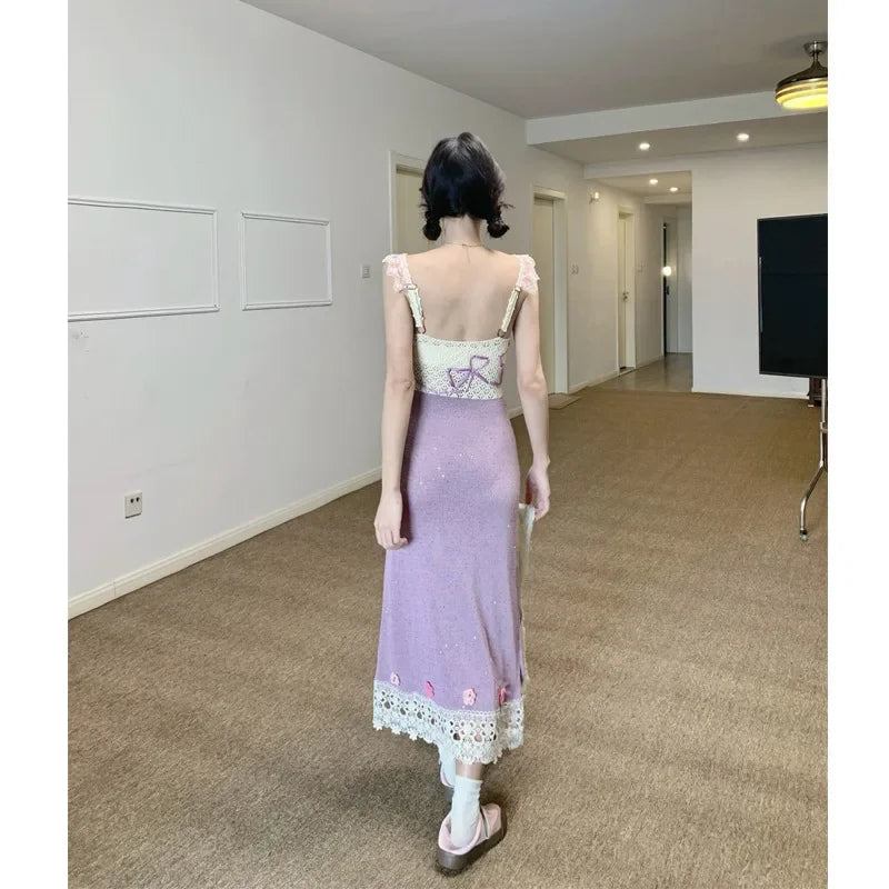 BXOXO Heavy-Work Knitted Purple Strap Dress Women's French Vintage Design Sensation Beauty Flower Banquet Empire Waist Gown