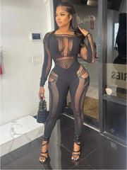 BXOXO Sexy Knitted Hollow Out One Piece Pajama Tight Seductive Jumpsuit Women Elastic Slim Pencil Pants Party Night Clubwear
