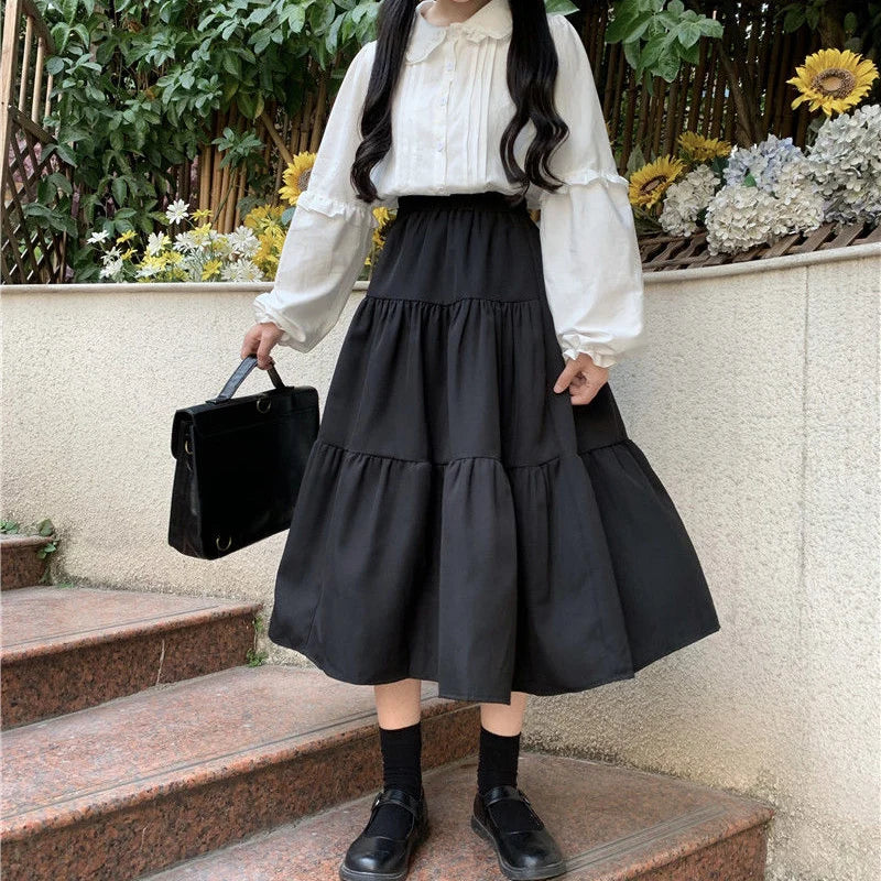 BXOXO Kawaii Black Long Skirt Women Japanese Lolita Cute Patchwork High Waist Loose A-line Midi Skirt Casual Autumn Soft Girl