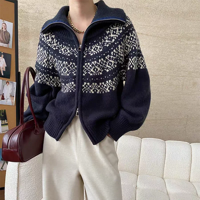 Bxoxo Women Fair Isle Sweater Zipper Front Collared Zip-up Sweater Knit Jacket Cozy Knitwear Teen-girl Fall Winter Vintage Outfit