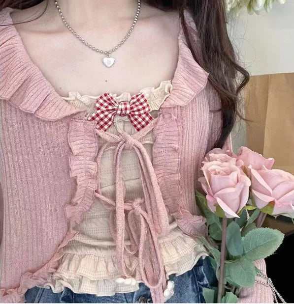 BXOXO Kawaii Candy Color Crop Top Women Japanese Lolita Sweet Tank  Boe Ruffle Short Tee Shirt All Match Cute s Summer