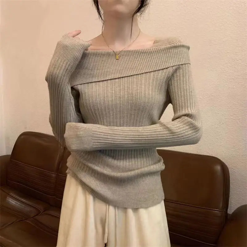 Bxoxo Women Off Shoulder Knit Sweater Slash Neck Long Sleeve Slim Knitwear Jumpers Office Sweater For Women 2024 Autumn Winter
