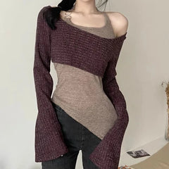 BXOXO Elegant Simple Solid Color Fake Two Pieces Casual Knitted Elastic Breathable Women's Long Top