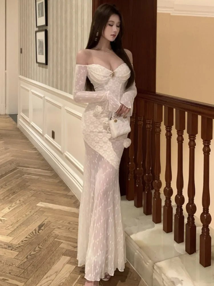 Bxoxo Sexy Bodycon Party Women's Dresses Elegant Slash Neck Lace Patchwork Off Shoulder Long Sleeves Evening Dress Vestidos Long Robe