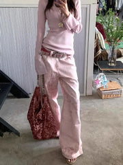 Bxoxo Pink Vintage Leopard Women Jeans Wide Leg American Retro Denim Pants Baggy High Waist Animal Print Trousers Gyaru New