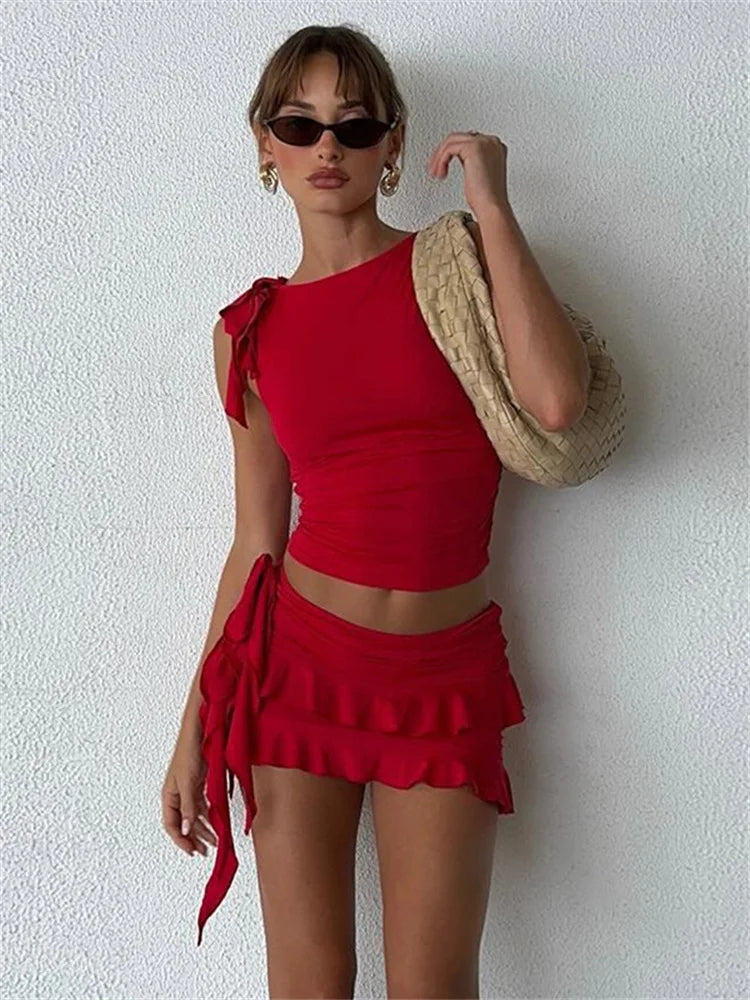 BXOXO Vacation Women 2 Piece Set Double-Deck Pleated Tassel Mini Skirt+Bandage Tank Top Festival Party Sexy Matching Outfits