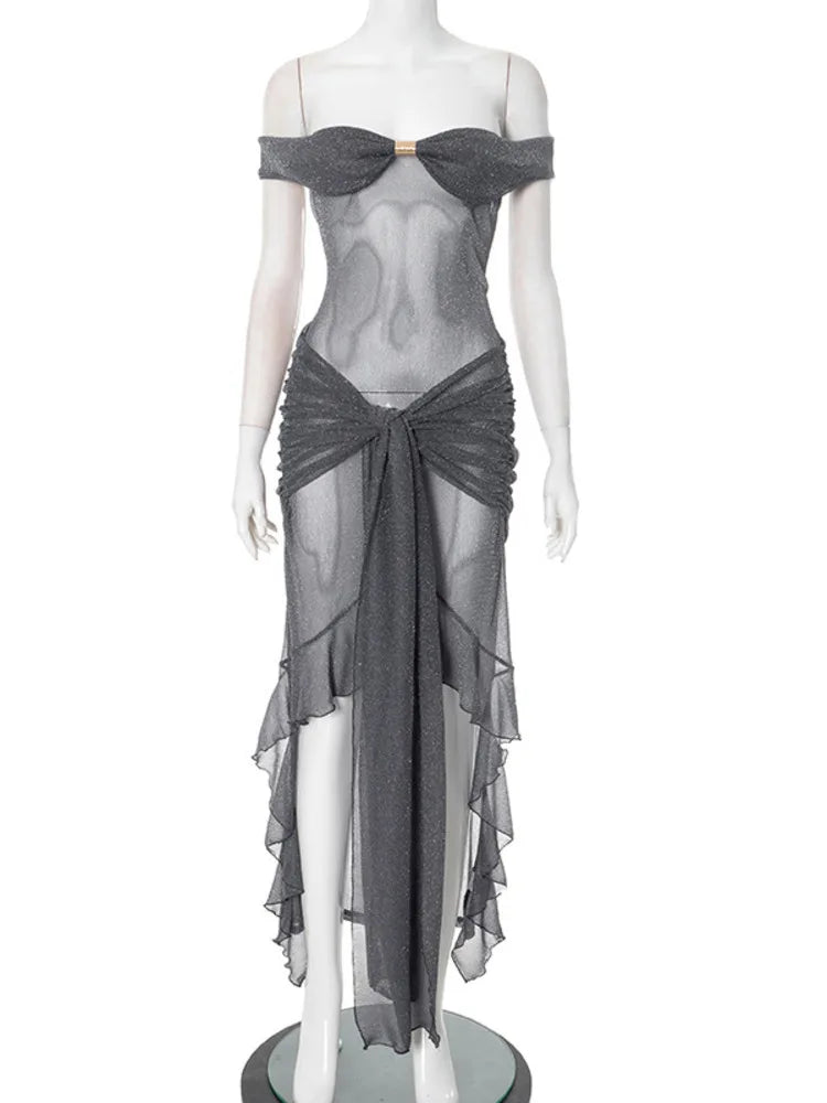 BXOXO  Mesh See Through Ruffled Sexy Maxi Dress For Women Gown Gray Off-shoulder Strapless Backless Ruched Long Dress Vestido