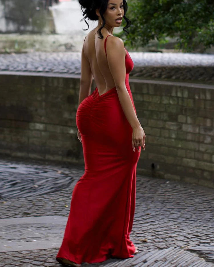 BXOXO  Sexy Backless Women Evening Maxi Dress Folds V-Neck Sleeveless Coquette Elegant Mermaid Matching Banquet Prom Bodycon