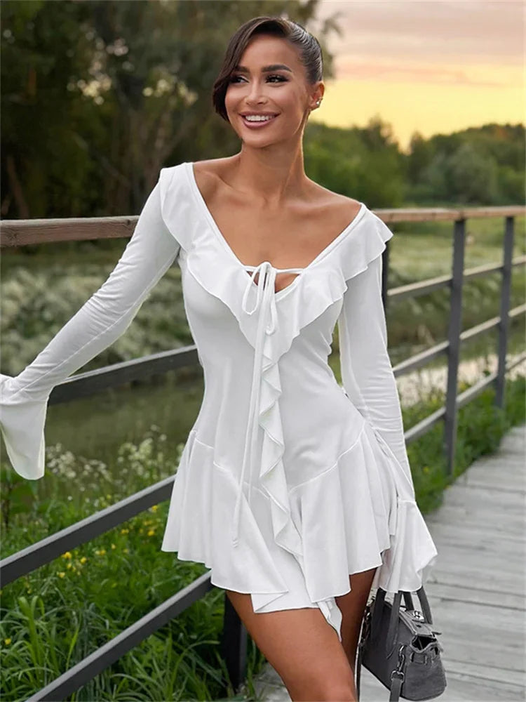 BXOXO Ruffled Lace-Up White Mini Dress Women's V-Neck Patchwork Long Sleeve Sexy Slim Dress Bandage Elegant Female Summer Dress