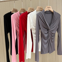 BXOXO Girls Cotton Twisted V-neck T-Shirts Tees Female Long Sleeve High Elasticity Elegant Stretchy Tshirt Tops For Women