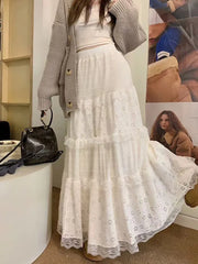 Bxoxo Elegant Lace Splicing Midi Skirt for Women Y2K Summer High Waist Chic Hollow Out A Line Skirts Korean Solid All-Match Long Skirt