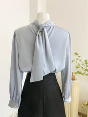 Bxoxo Spring Scarf Collar Women Blouse Fashion Long Sleeve Solid Elegant Office Lady Casual Tops Korean Chic Lace Up All Match Shirt