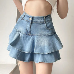 BXOXO Vintage Denim Skirt Shorts Women Summer Korean Fashion High Waist A-line Slim Cute Sexy Mini Jean Ruffle Skirt Female