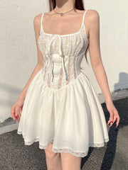 BXOXO Fashion Fairycore Lace Spliced A-Line Camisole Dresses Elegant Sold Sheer New Trendy Women Frocks