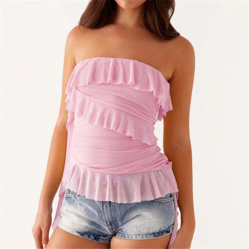 BXOXO Women Boho Strapless Ruffle Mesh Tube Top Solid Color Boat Neck Irregular Hem Slim Bandeau Top Sexy Cami Vest