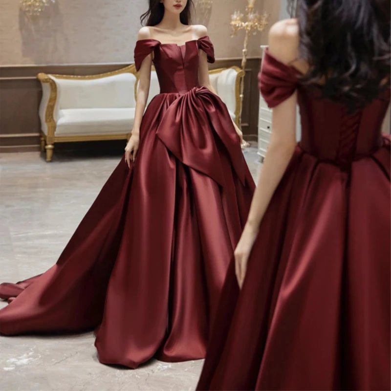 BXOXO Customized Fashion High End Slash Neck Big Swing Wedding Party Dresses Exquisite Satin A-line Tailing Gown Front Bow Back Straps