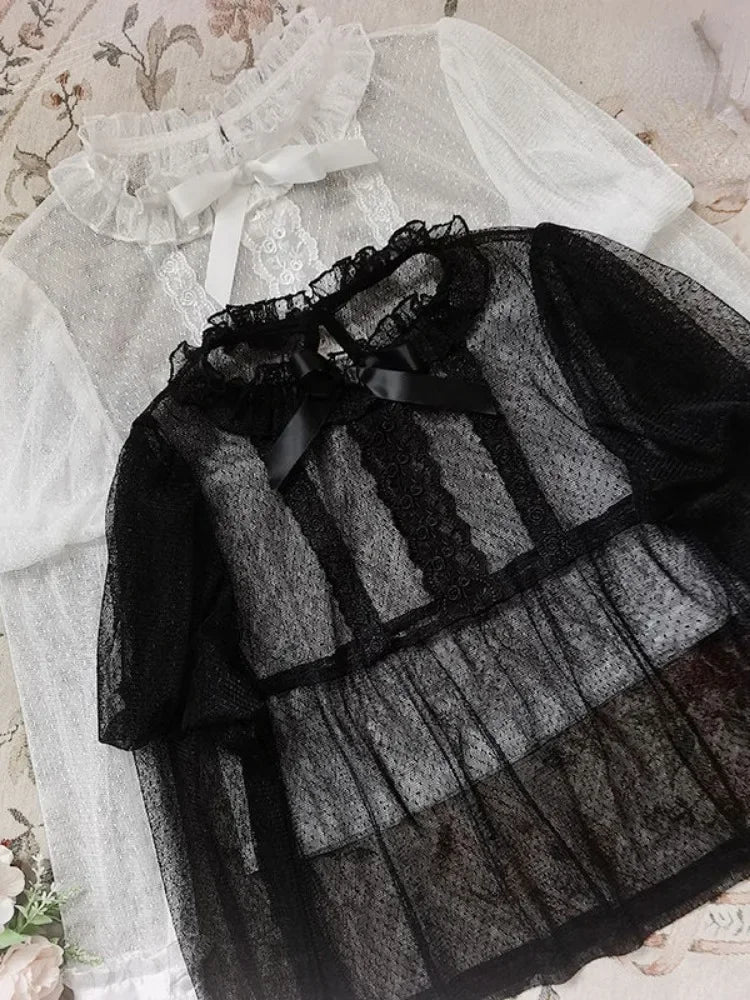 BXOXO Lolita See Through Sweet Women Shirts Lace Embroidery Harajuku Blouse Fairy Long Puff Sleeve Sweet Y2k Aesthetic Blusas De Mujer