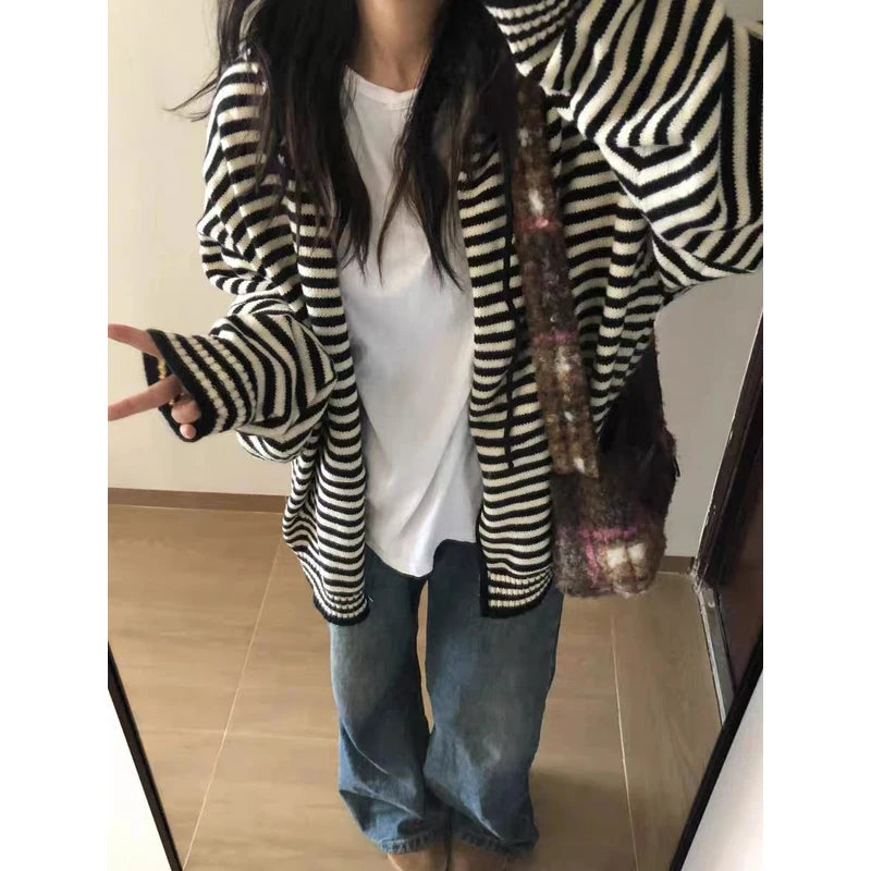 BXOXO Vintage Striped Sweaters Cardigan Women Casual Korean Style Zip Up Knitwear Harajuku Loose Black White Knitted Coats