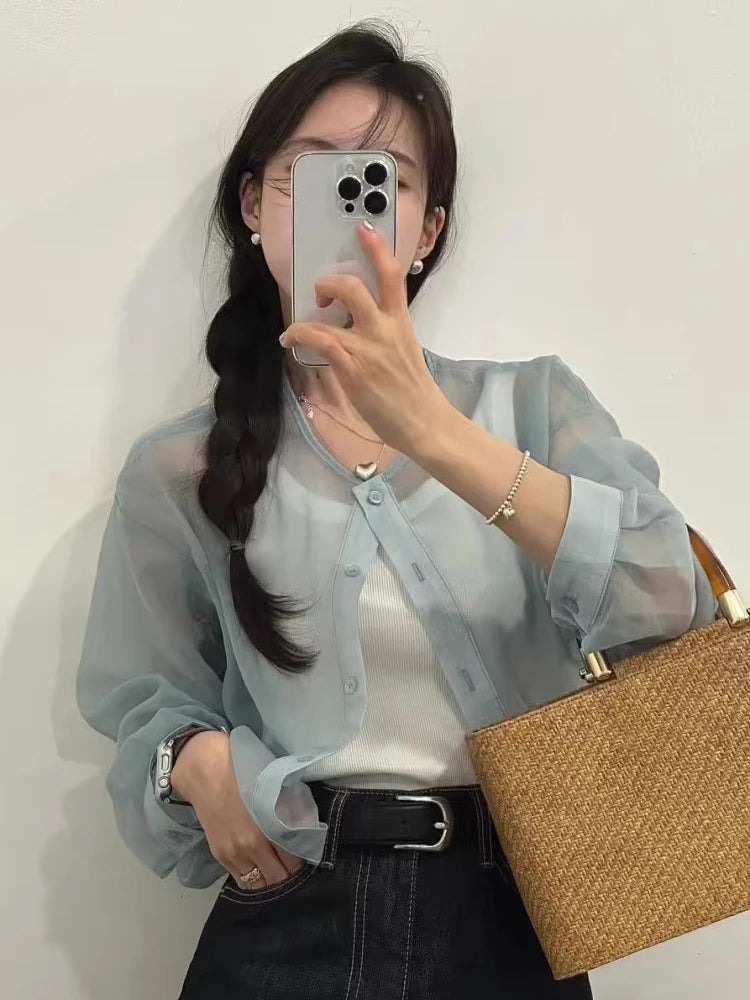 Bxoxo Blue Lightweight Long Sve irt Jaet Women's Ultra-Thin Summer Outerwear Single Button Design Waist-Cinching Sun Protect...