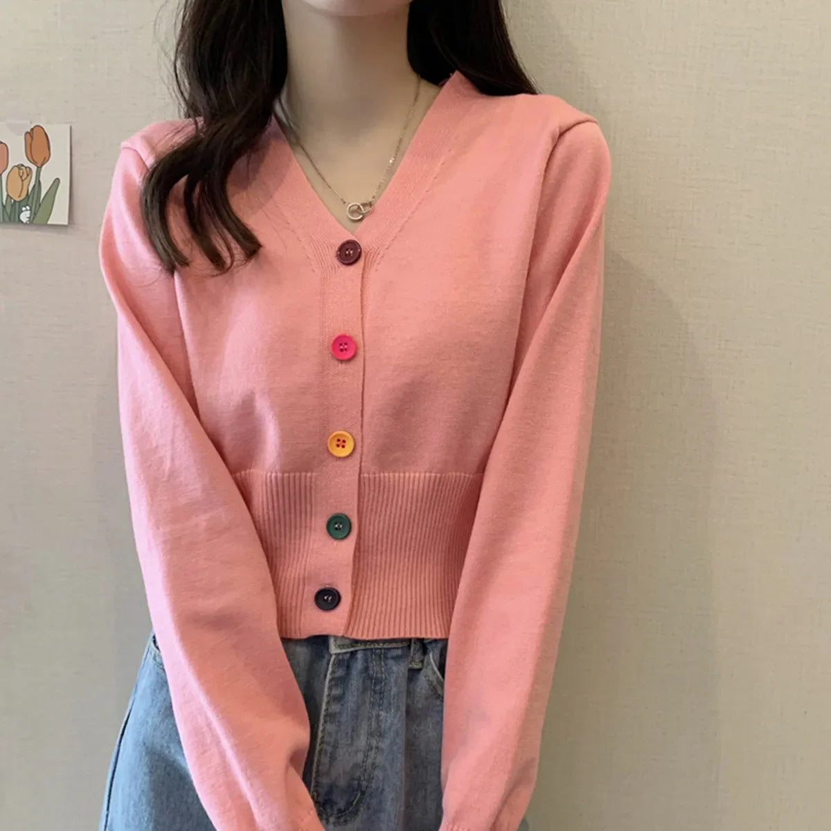 Bxoxo Autumn and Winter Little Fresh Colorful Buttons Younger Slim-Fit Slimming V-Collar Cardigan Long-Sleeved Sweater Top for Women