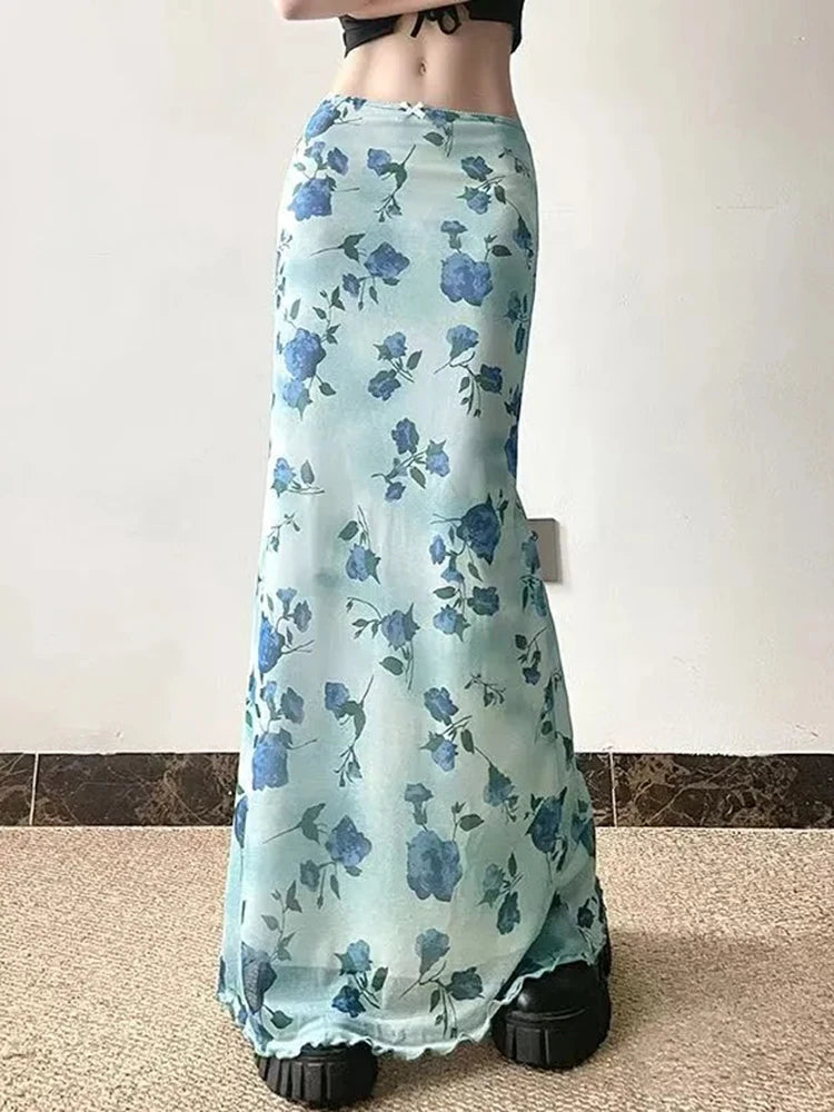 Bxoxo Vintage Mesh Floral Long Skirt Women Elegant Low Waist Slim Sexy Skirts Retro American Streetwear Casual Elastic Long Skirt