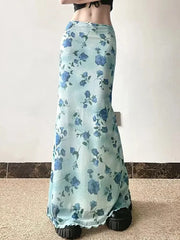 Bxoxo Vintage Mesh Floral Long Skirt Women Elegant Low Waist Slim Sexy Skirts Retro American Streetwear Casual Elastic Long Skirt