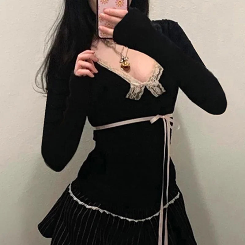 BXOXO Y2K Lace Patchwork Top Contrast Color Women Autumn Spring Ribbon Lace-up Bow Coquette T-shirts Cute Causal Basics Tees