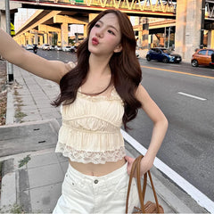 Bxoxo Sexy Square Collar Lace Edge Ruched Causal Solid Crop Tops Y2K Summer Fashion New Sweet Cute Daily 2025 Streetwear Vest