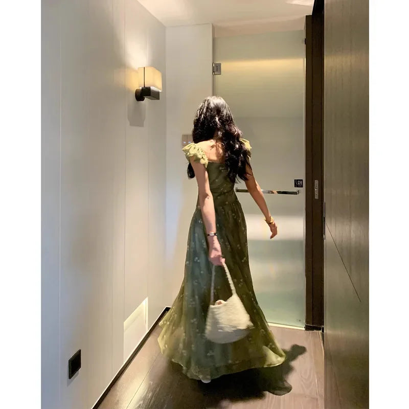 Bxoxo Gentle Green French Style Strapless Chiffon Dress with Fly Sleeve Holiday Floral Long Skirt for Women Empire Waist Design