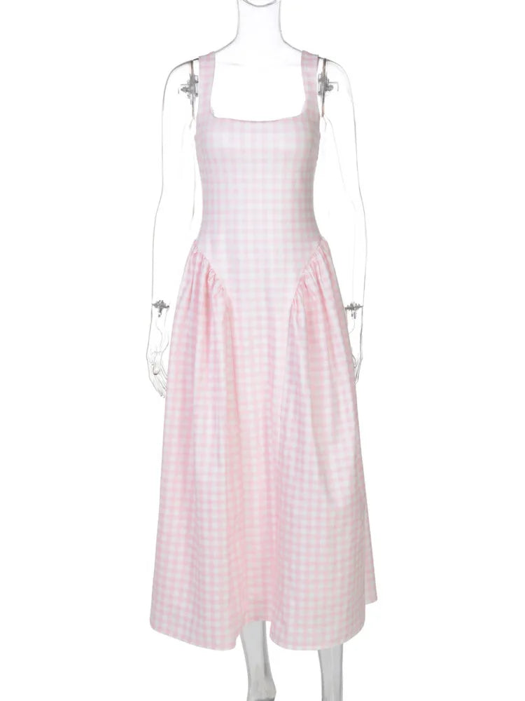 BXOXO Plaid Printed Maxi Dress For Women Gown Summer New Spaghetti Strap High Waist A-line Backless Club Long Dress Vestido