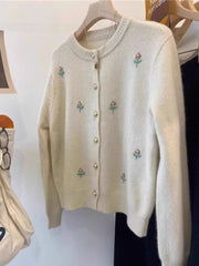 Bxoxo Flower Embroidered Knit Cardigan for Women Autumn Sweet Single Breasted O Neck Warm Sweater Korean Loose Long Sleeve Jumper