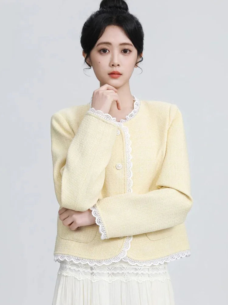 Bxoxo Sweet Yellow Tweed Jackets Women Vintage Lace Patchwork Elegant Short Coat French Retro Casual O Neck Long Sleeve Fall Outwear