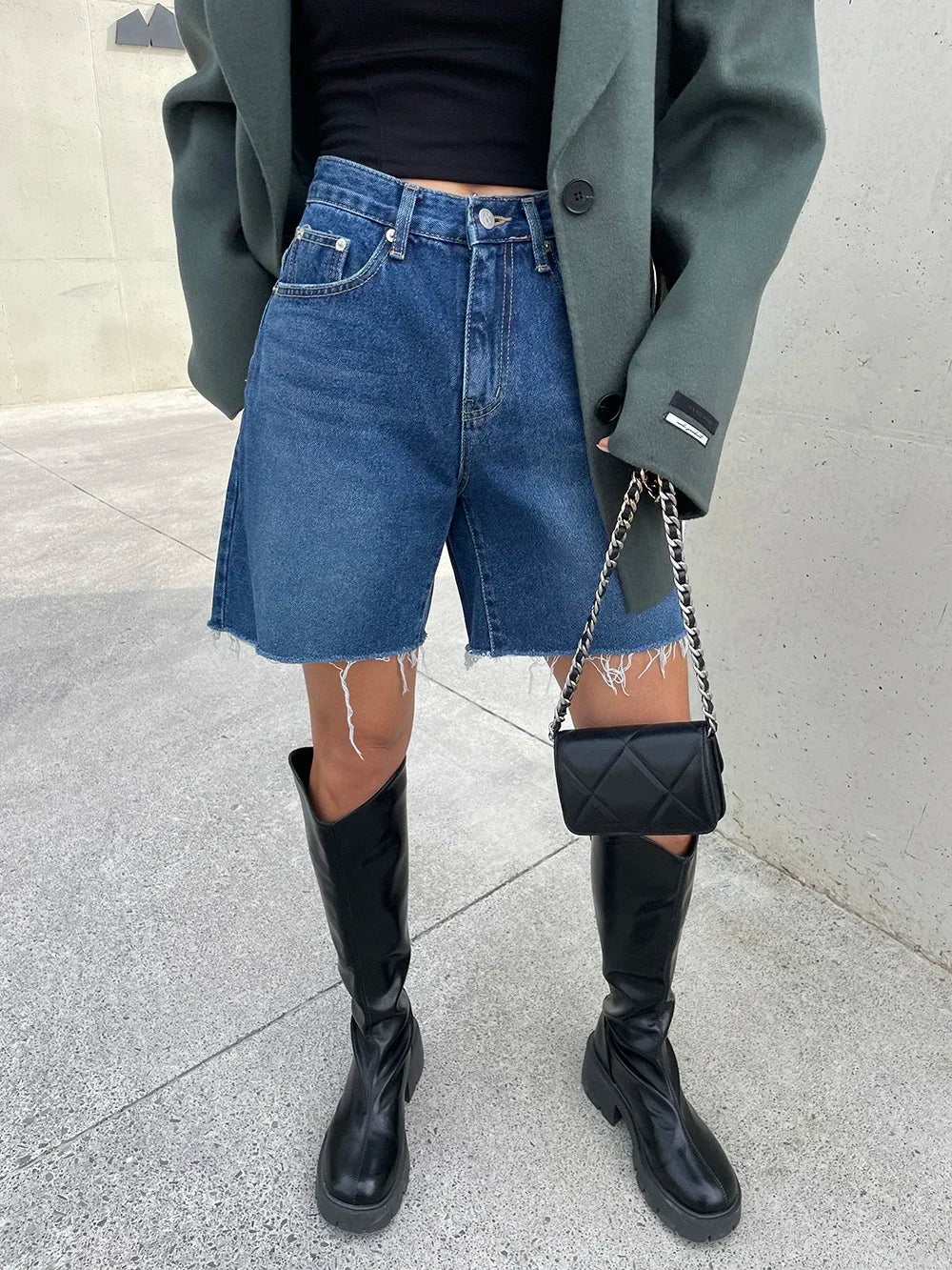Bxoxo Summer Blue Ragged Edge Retro Versatile Denim Shorts Women's New Korean Fashion High Waist Straight Simple Women's Short Jeans