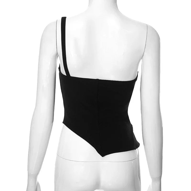 Bxoxo Fashion Women Buckle Irregular Crop Tops One Shoulder Strap Corset Tops Slim Waist  Low-cut Tanks Camis Bralette Bustiers New