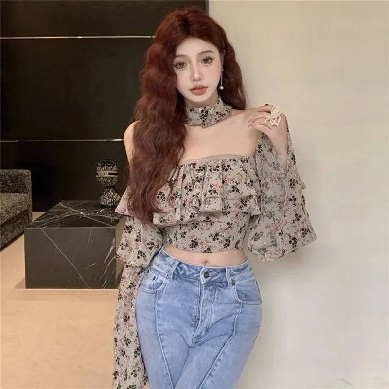 Bxoxo Retro Ruffle Floral Women Shirts Spring New Slash Neck Casual Chiffon Shirt Korean Elegant Patchwork Slim Ladies Cropped Tops