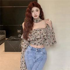 Bxoxo Retro Ruffle Floral Women Shirts Spring New Slash Neck Casual Chiffon Shirt Korean Elegant Patchwork Slim Ladies Cropped Tops