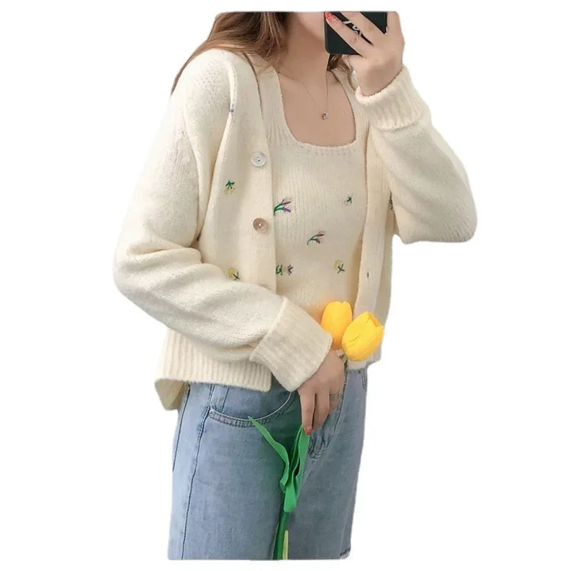 Bxoxo Two-piece Top Suit Flower Embroidered Knitted Korean Style Cardigan Autumn Fashion Sling Sweater Slim Sweet Jacket Sets