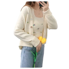 Bxoxo Two-piece Top Suit Flower Embroidered Knitted Korean Style Cardigan Autumn Fashion Sling Sweater Slim Sweet Jacket Sets