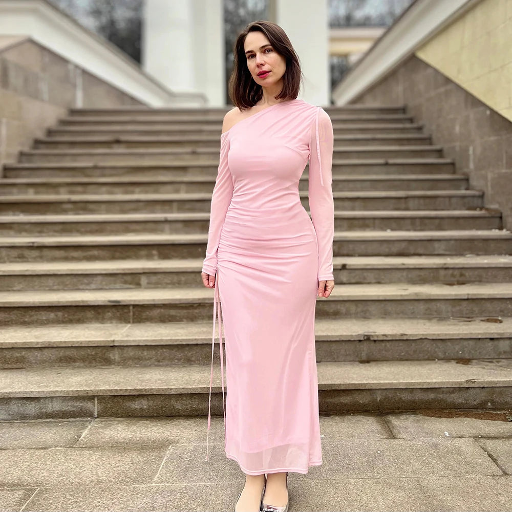 BXOXO Autumn Long Sleeve Dress Women Pink Mesh Maxi Dress New Arrivals High Slit Bodycon Party Dresses Women