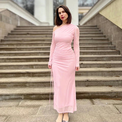 BXOXO Autumn Long Sleeve Dress Women Pink Mesh Maxi Dress New Arrivals High Slit Bodycon Party Dresses Women
