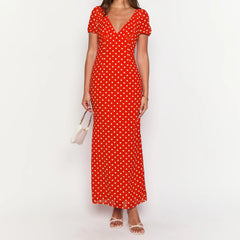 BXOXO Women Summer Slim Long Dress Fashion Red Short Sleeve Deep V Neck Dot Print Party Dresses Holiday Beachwear