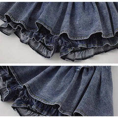 Bxoxo Y2k Bow Denim Skirt with shorts Kawaii Women Vintage Gyaru Ruffle Low Waist Sexy Pleated Mini Skirts Summer Streetwear