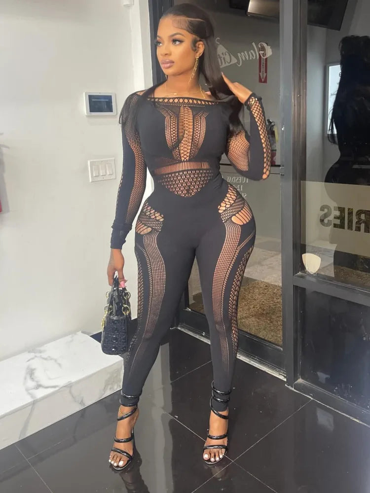 BXOXO Sexy Knitted Hollow Out One Piece Pajama Tight Seductive Jumpsuit Women Elastic Slim Pencil Pants Party Night Clubwear