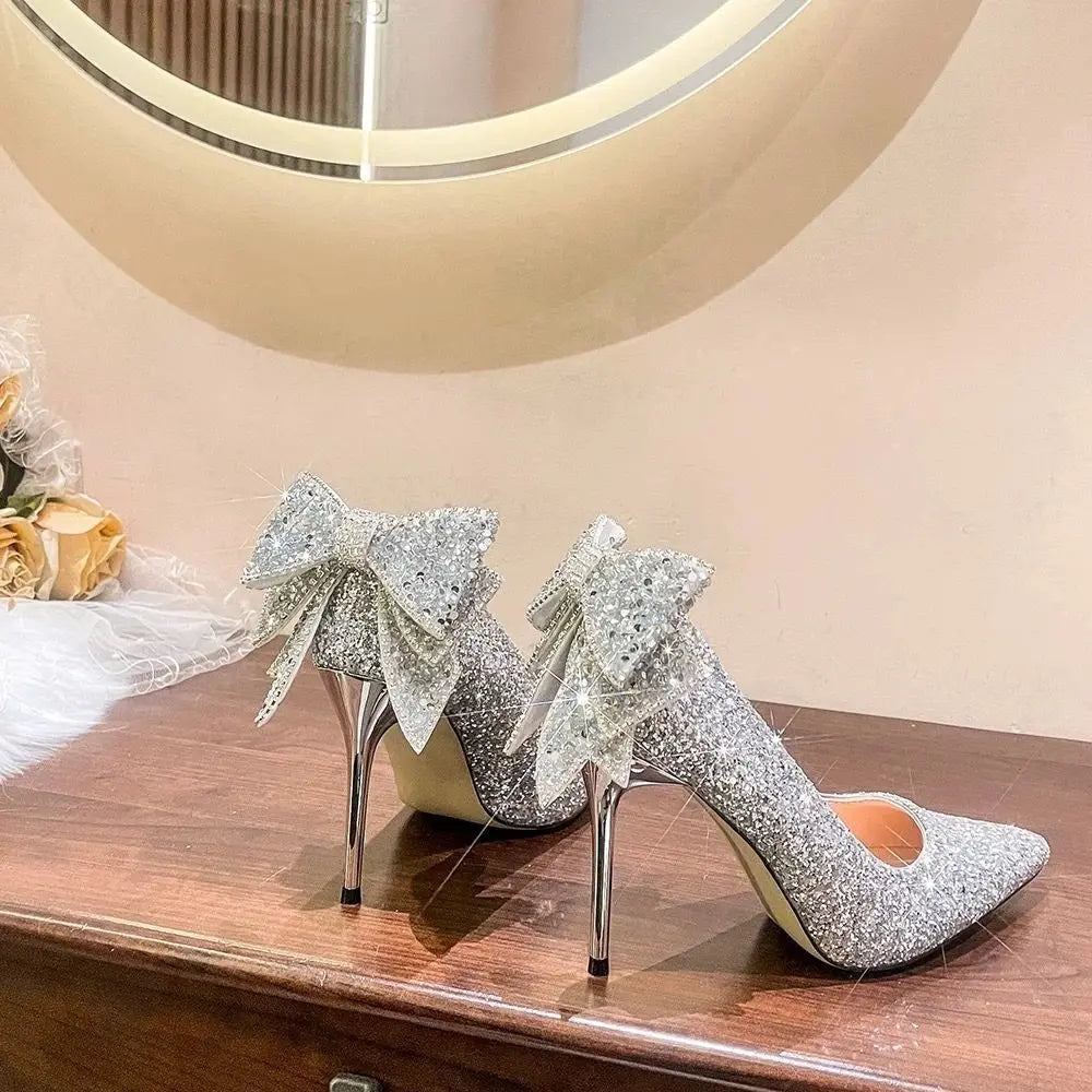 Bxoxo Shoes for Woman Stilito Silver Women's Summer Footwear Wedding Bride Shoe Rhinestone Pointed Toe Super High Heel Diamond 39