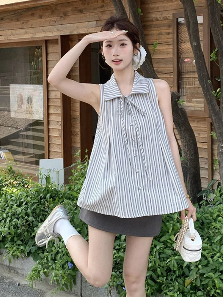 Bxoxo Vintage Striped Sleeveless Shirts Women Summer Loose Lapel Lace Up Blouse Y2K French Elegant Casual Female All Match Tops New