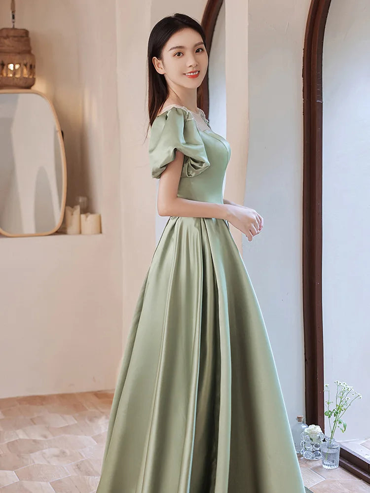 BXOXO Fairy Green Satin Prom Dress Puff Short Sleeve Lace-Up Floor Length Elegant  Evening Gown Plus Size Banquet Vestidos